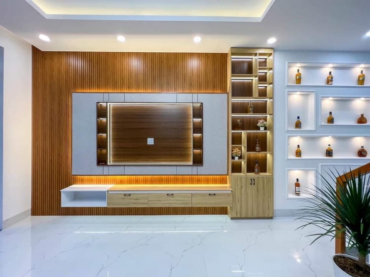 Tủ kệ ốp tường phòng khách nổi bật